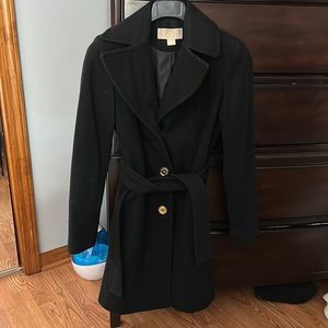 Michael Kors black pea coat size XS with a tie and gold buttons